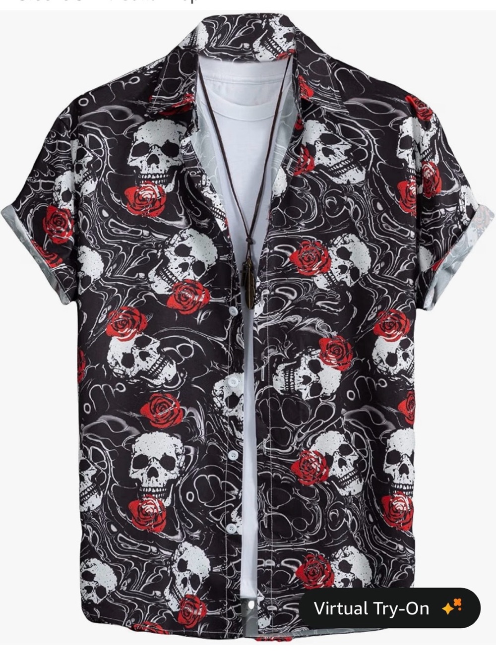 Men's Black Short-Sleeve Skull & Red Rose Button-Down Shirt